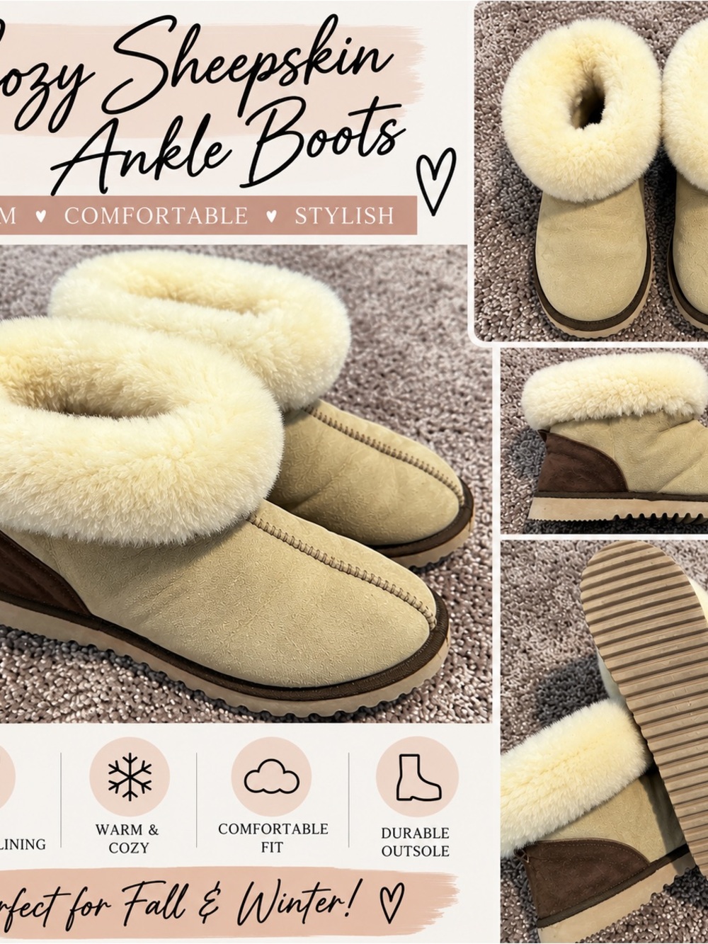 Cozy Sheepskin Ankle Boots - Cream